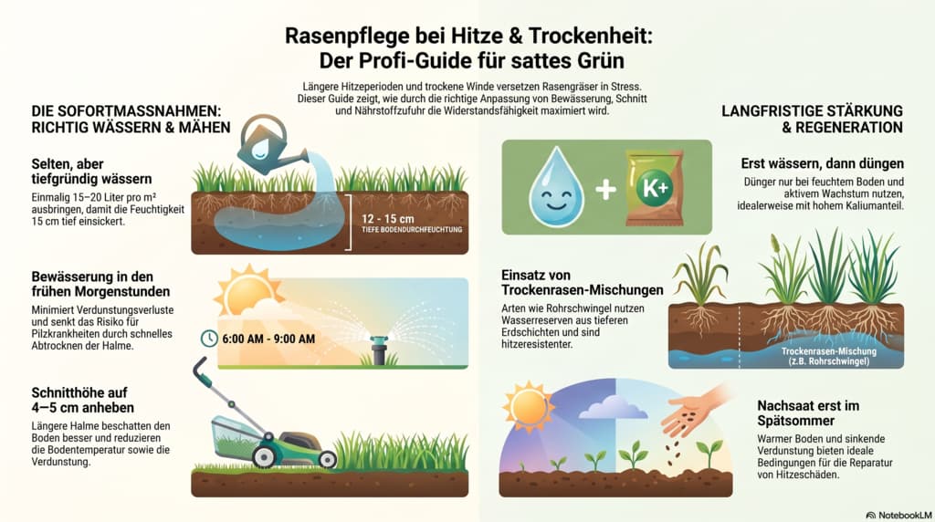 Infografik: Rasen bei Hitze und Trockenheit richtig pflegen Infografik: Rasen bei Hitze und Trockenheit richtig pflegen