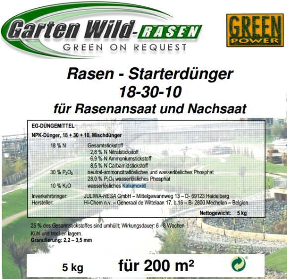 5 KG Kleinpackung Startdünger für Rasen. Die Packung Starterrasendünger reicht für ca. 200 m² Rasendüngung bei Ansaat oder Nachsaat. Der Rasendünger wird mit 25 Gramm je Quadratmeter ausgebracht. Rasendünger-Startdünger